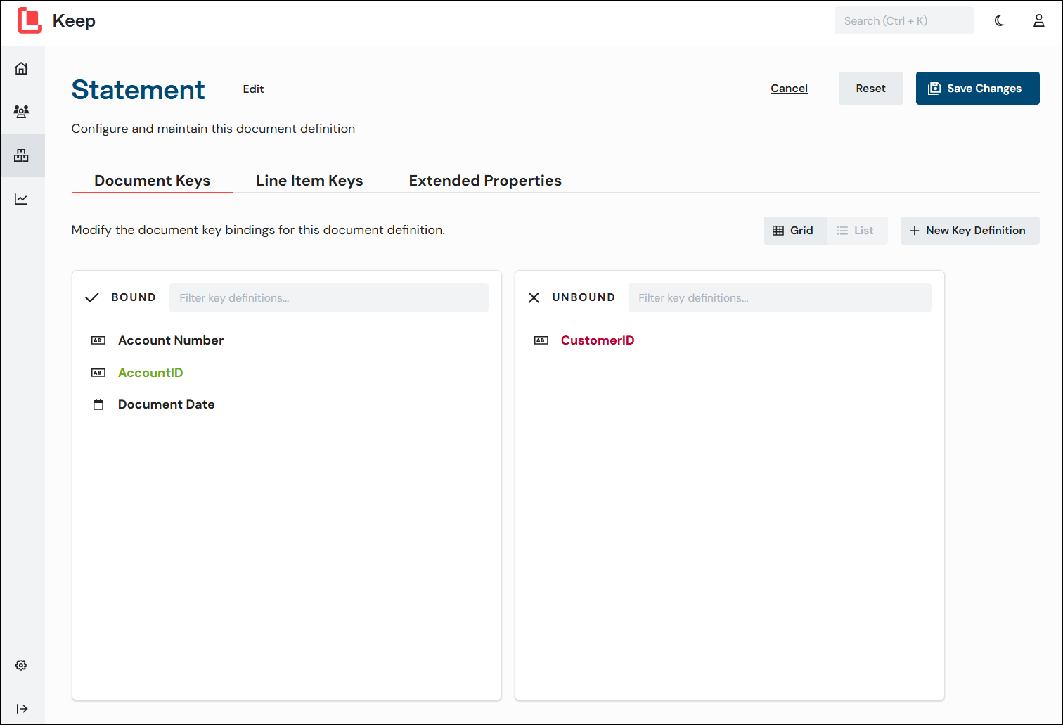 List view for binding and unbinding document keys.